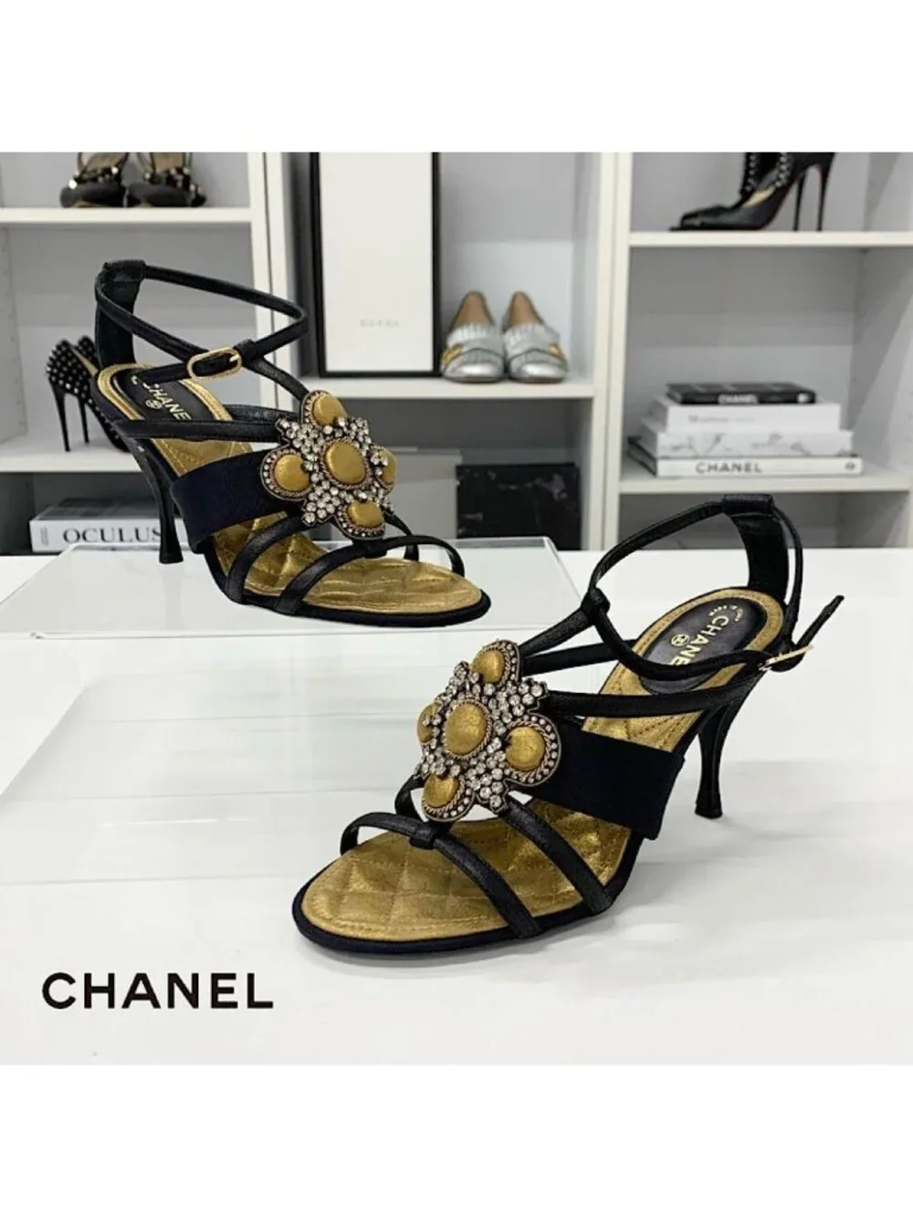 Chanel Leather Bijou Strap Sandals Black